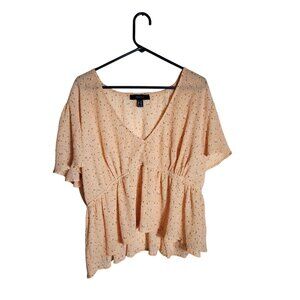 Forever 21+ Peach Floral Peplum Blouse With V-Neck & Short Sleeves